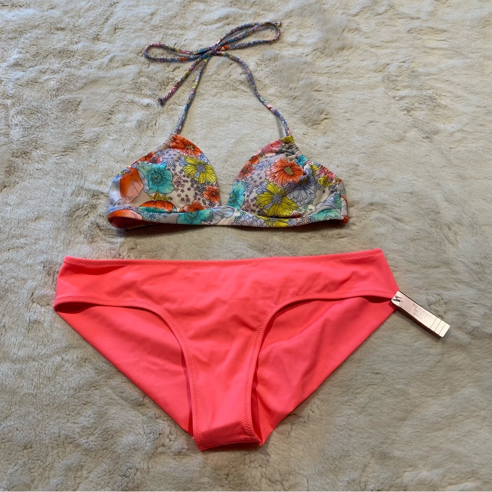 (S/M) Victoria’s Secret Bikini Set Floral Coral Orange Small Medium Two Piece